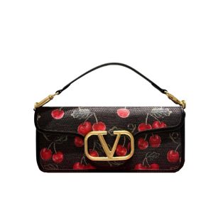 VALENTINO GARAVANI LOCÒ CHERRYFIC MOTIF SHOULDER BAG BLACK 26CM