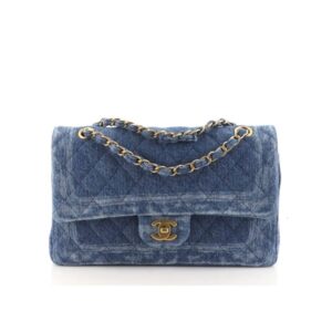 Chanel Classic Double Flap Bag Quilted Printed Denim Medium Blue 25Cm
