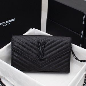 Saint Laurent Matelasse Grain de Poudre Matte Black Monogram Chain Wallet