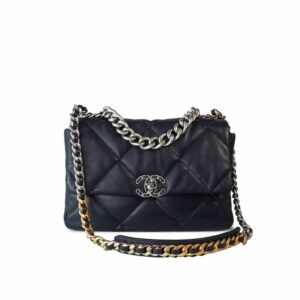 Chanel 19 Series Classic Double C Logo Silver Turn Buckle Black 31Cm