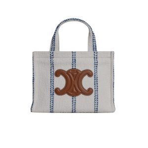 CELINE SMALL CABAS THAIS IN STRIPED TEXTILE AND CALFSKIN XHITE/BLUE 25CM 199162EYI01BB
