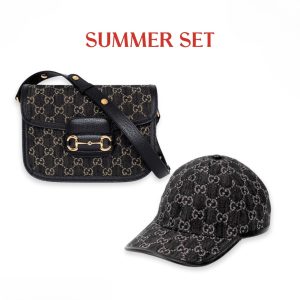 SUMMER SET: GUCCI HORSEBIT 1955 ORIGINAL GG SHOULDER BAG BLACK IVORY & GG DENIM BASEBALL HAT BLACK
