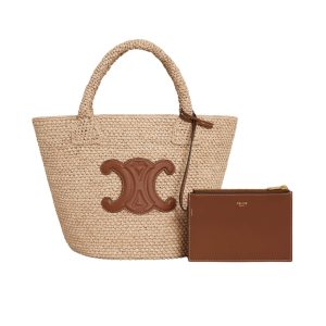 CELINE SUPPLE SMALL TRIOMPHE CLASSIC PANIER IN RAFFIA TAN 25CM