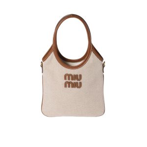 MIUMIU IVY CANVAS AND LEATHER BAG BEIGE 20CM 5BA281 ACRN F062F V OLF