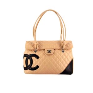 Chanel Cambon Shopping Bag Quilted Beige And Black 36Cm