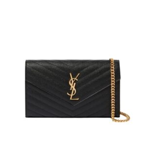 Saint Laurent Cassandre Matelassé Chain Wallet In Grain De Poudre Embossed Black Gold 22Cm 377828BOW011000