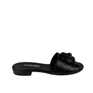 Chanel Camellia Leather Slides Black