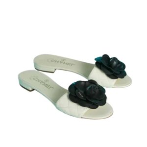 Chanel Black Camellia Slides White