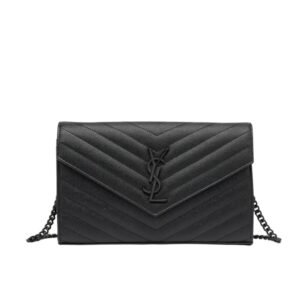 Saint Laurent Cassandre Matelassé Chain Wallet In Grain De Poudre Embossed Black Noir 22Cm 377828BOW081000